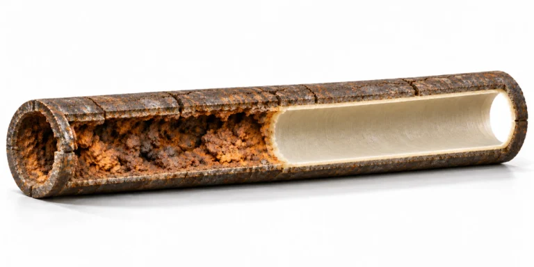 One cast iron pipe: half cracked and tuberculated, half restored with a liner.