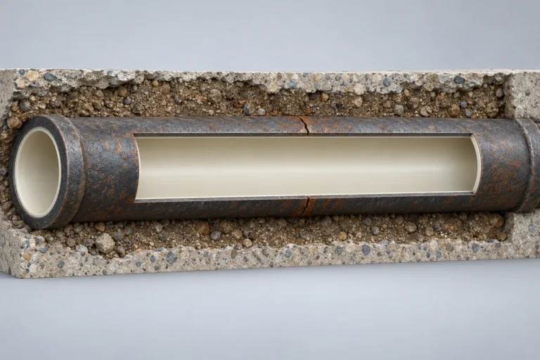 Rendering of a continuous liner bridging a crack in a cast iron pipe