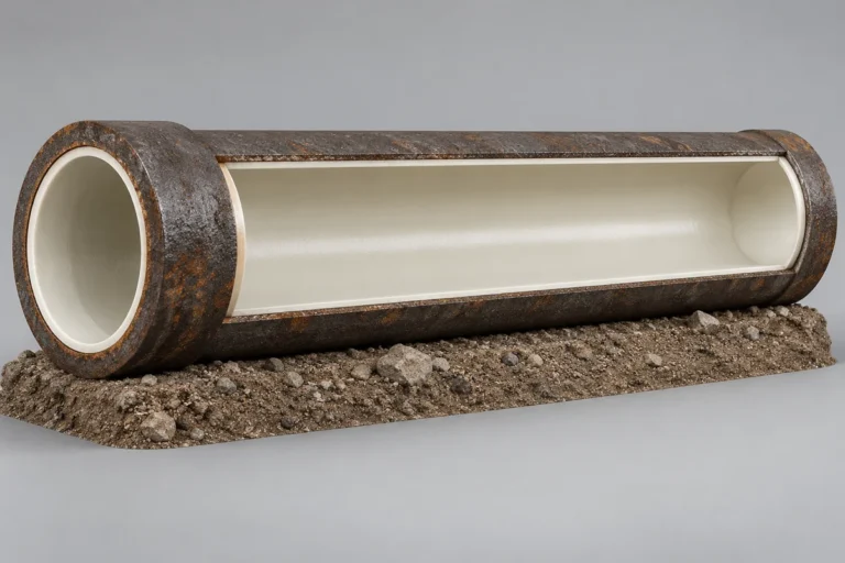 Rendering of a thin continuous CIPP liner inside a cast iron pipe