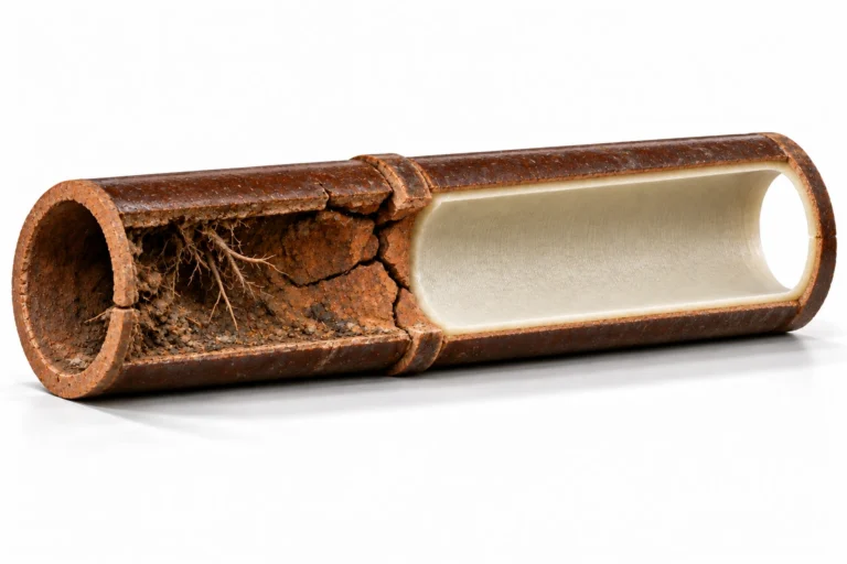 Cracked clay sewer pipe with root intrusion and a restored CIPP-lined half.