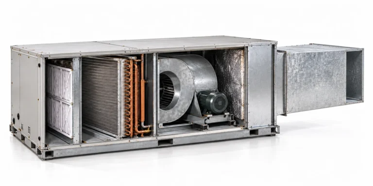 Commercial air handler cutaway with filter, cooling coil, blower and outlet duct.