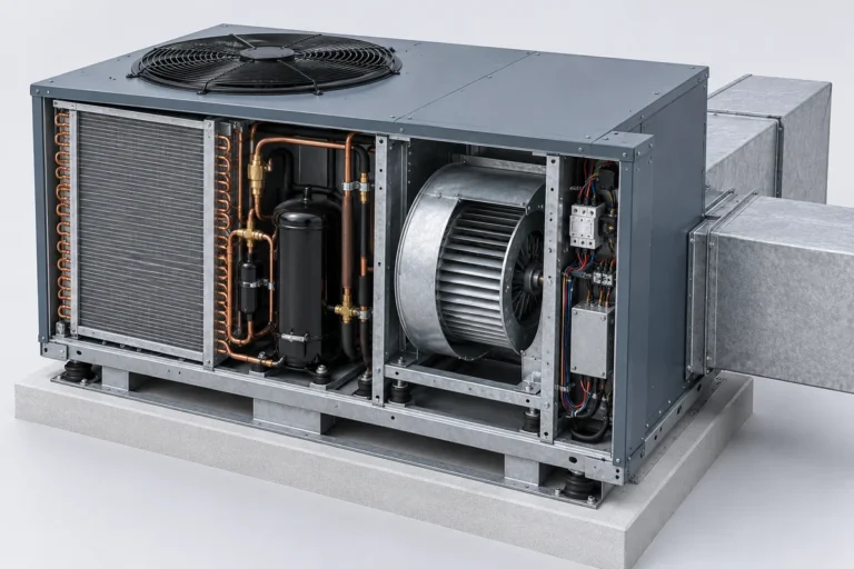 Rendering of a commercial HVAC unit showing its internal components