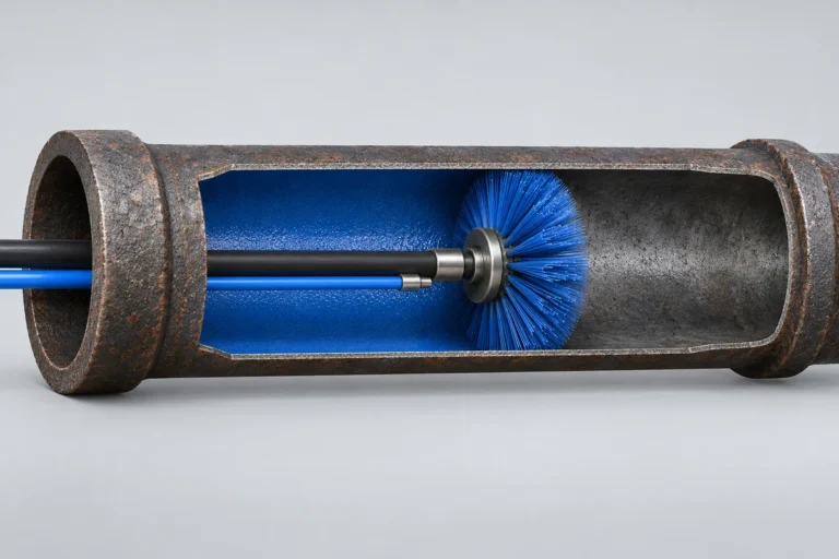 Rendering of a coating shaft and feed hose entering the pipe end and running axially to a radial brush