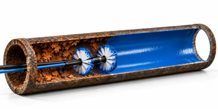 Two coating brushes on a flexible shaft beside a glossy epoxy-restored pipe half.