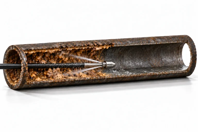 Rear-facing water jets cleaning deposits from a sewer pipe.