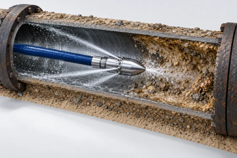 Cutaway rendering of a hydrojet nozzle cleaning a sewer pipe