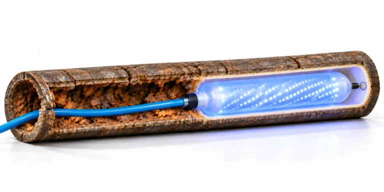 Flexible illuminated silicone UV packer inside a pipe liner, based on LightRay LR3 manufacturer photos.