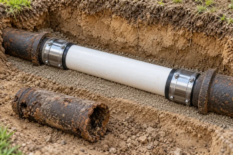 Rendering of a replacement sewer pipe joined with shielded couplings