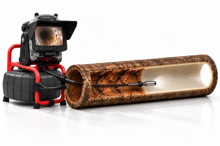 Push-camera inspection system with the camera entering through the pipe end.