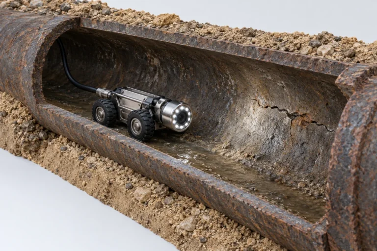 Rendering of a camera crawler inspecting a damaged sewer pipe
