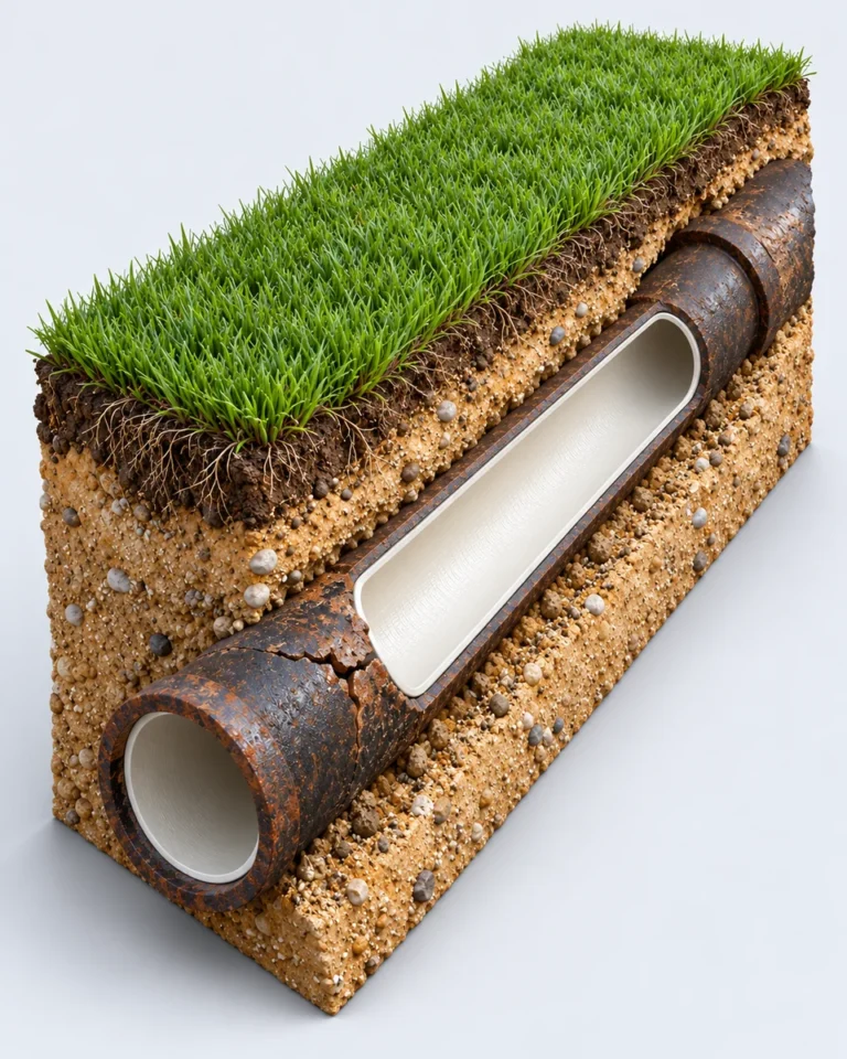 Rendering of a cured-in-place sewer liner beneath an intact lawn