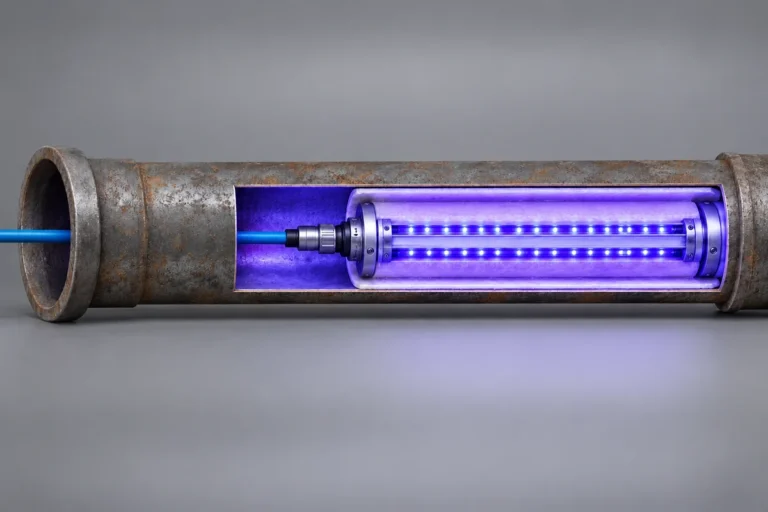 Rendering of bright UV LEDs curing a pipe liner with the supply cable entering through the pipe end