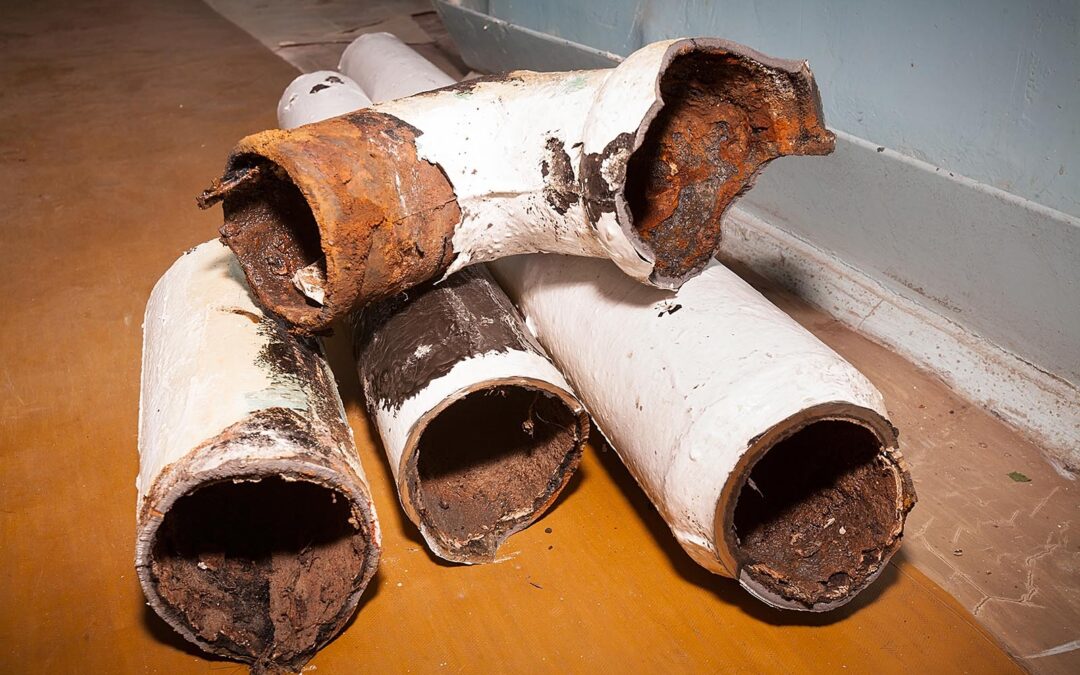Fragments of an old pipe. Apartment in a multi-storey residential building in the city. Several pieces of piping are on the floor. Color photo.