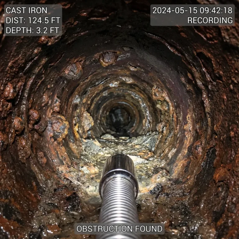 Blue Works sewer inspection crawler approaching an obstruction
