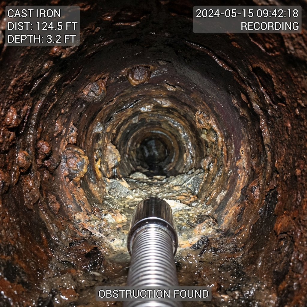 Blue Works sewer inspection crawler approaching an obstruction