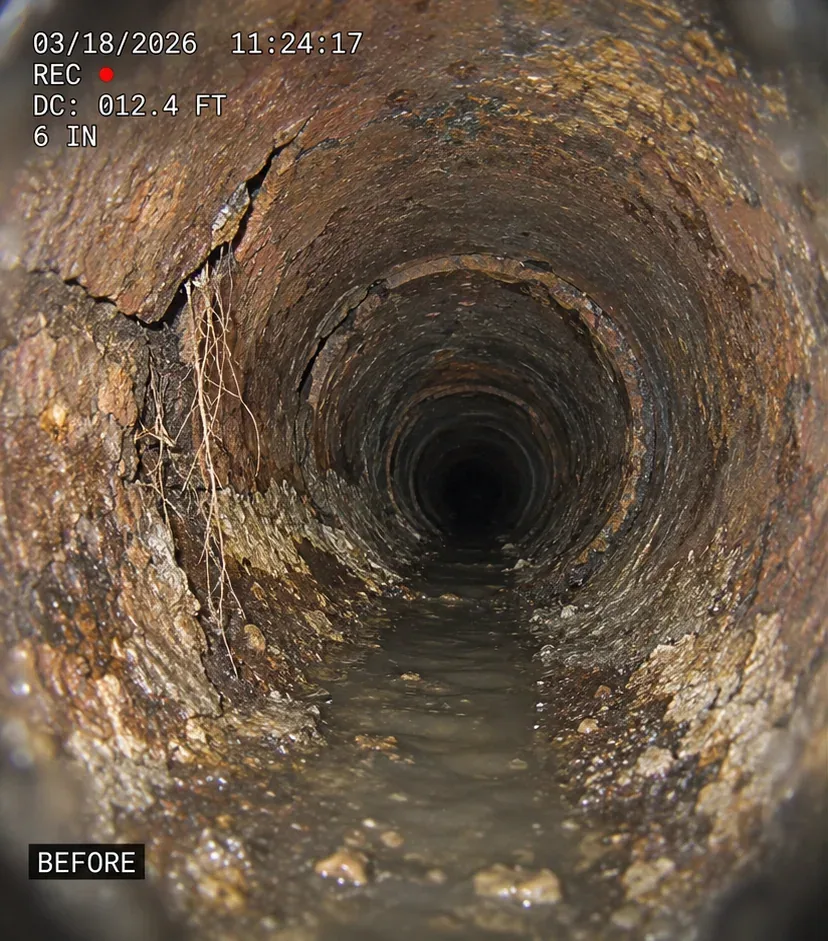 Corrosion, cracking and roots inside a cast iron pipe before lining