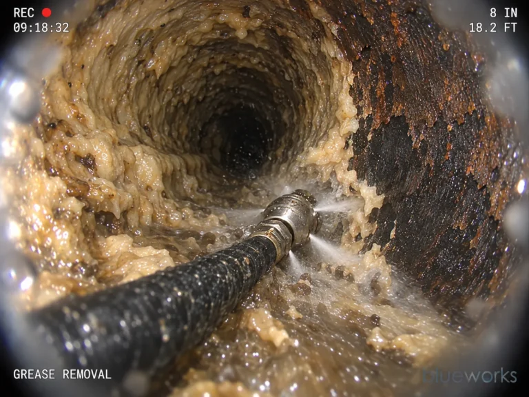 A hydro-jetter nozzle cutting thick grease from the wall of a cast-iron drain, shown in a sewer-camera view