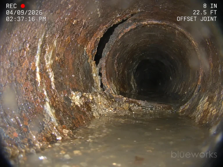 An offset joint in a sewer line with sand and grit collected where the joint has separated, shown in a sewer-camera view