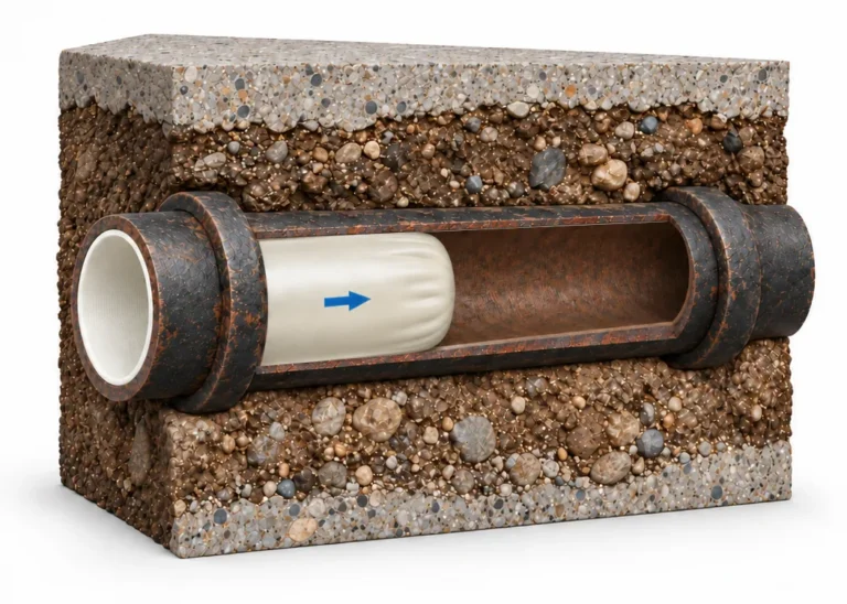 A cured-in-place liner advancing through a prepared pipe