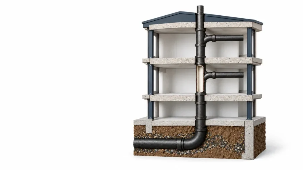 Cutaway of a three-story building showing its cast-iron sanitary stack, a lined section and the building drain under the slab