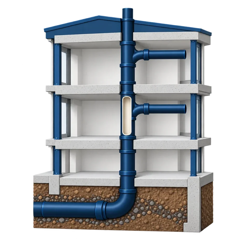 Cutaway of a three-story building with its sanitary stack, one lined section and the building drain under the slab