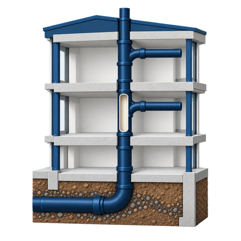 Cutaway of a three-story building with its sanitary stack, one lined section and the building drain under the slab