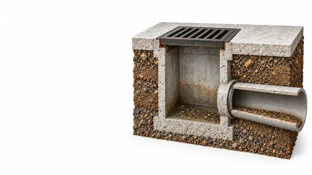 Cutaway of a storm catch basin with sediment on its floor and a partly silted outlet pipe