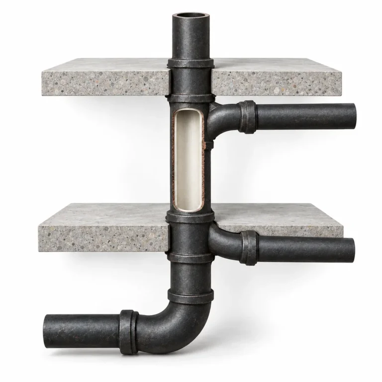 Cutaway of a cast-iron sanitary stack passing through two floor slabs, with a liner inside one section and a branch connection on each floor