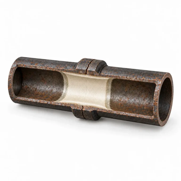 Cutaway of a corroded cast-iron pipe with a fiberglass spot repair spanning a cracked joint