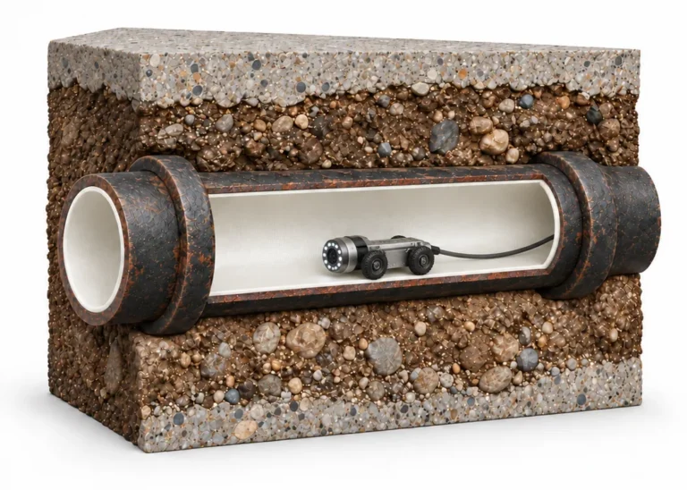 Cutaway of a buried pipe with a cured liner inside and a camera crawler checking the finished lining