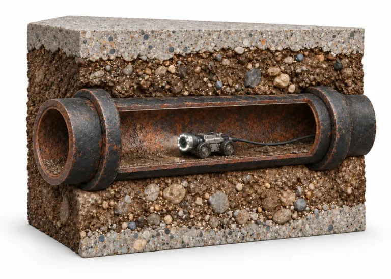 A camera crawler moving through a corroded buried sewer pipe