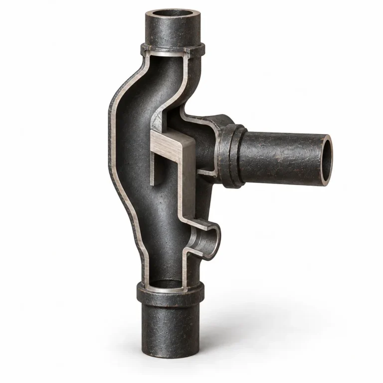 Cutaway of a Sovent aerator fitting showing its offset chamber, internal baffle and branch inlet