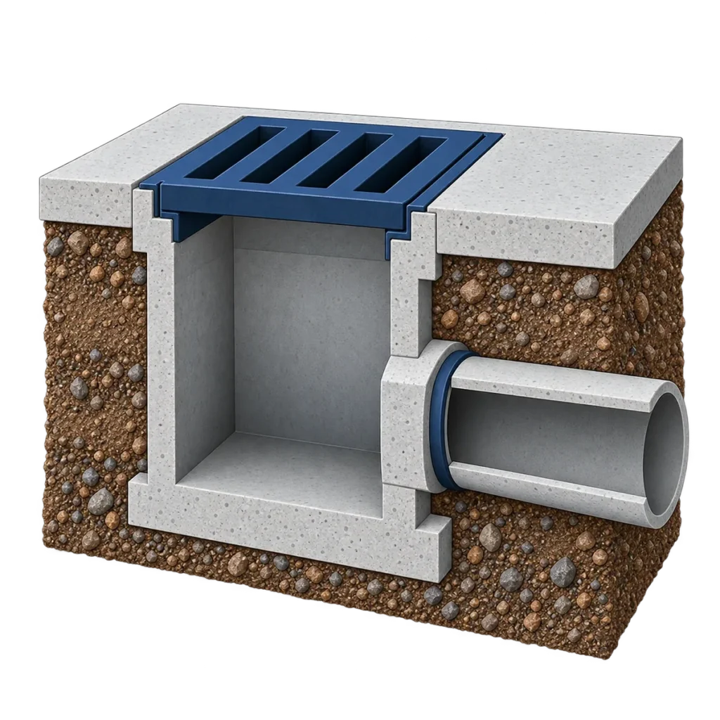 Cutaway of a storm catch basin under its grate, with the outlet pipe leaving through the side wall