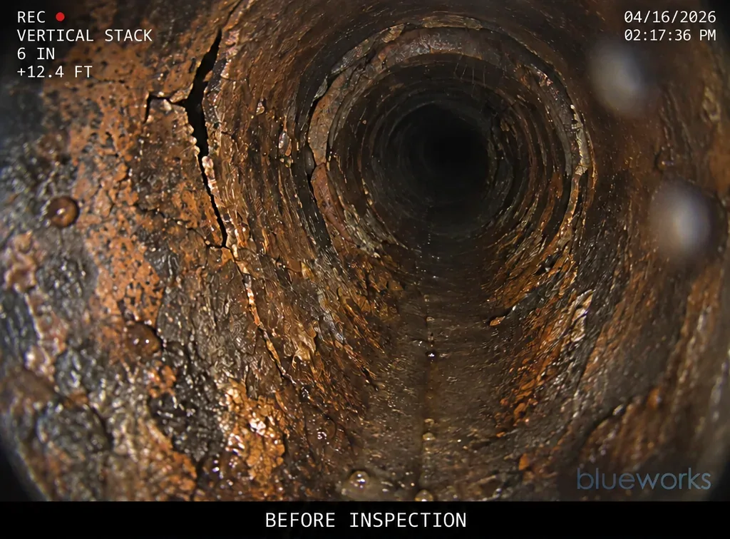 Cracks and scale in a cast-iron vertical stack, shown in a sewer-camera view