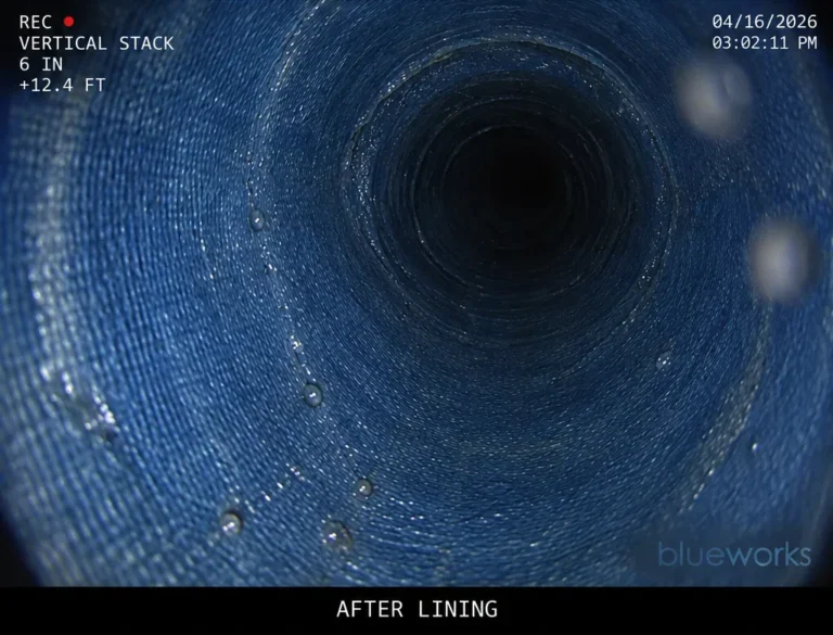 A vertical stack with a continuous liner, shown in a sewer-camera view